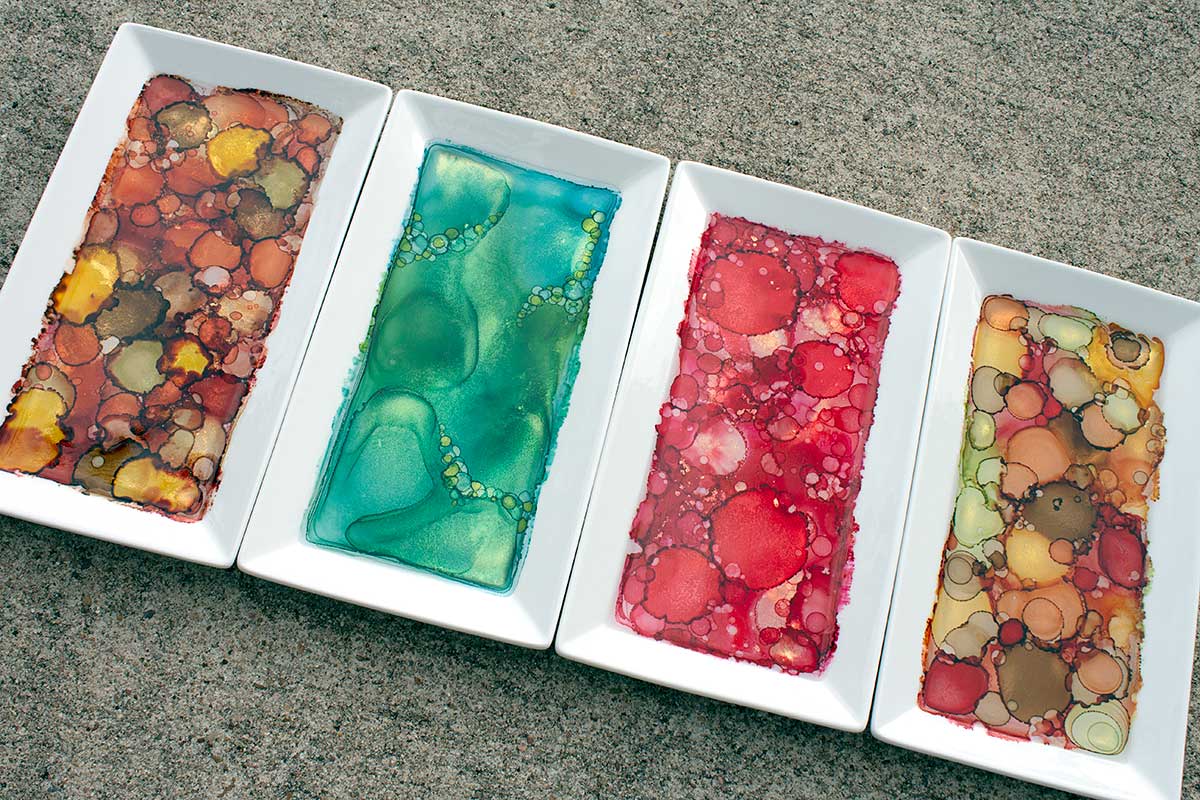 alcohol ink artwork resin sealed trays and bowls